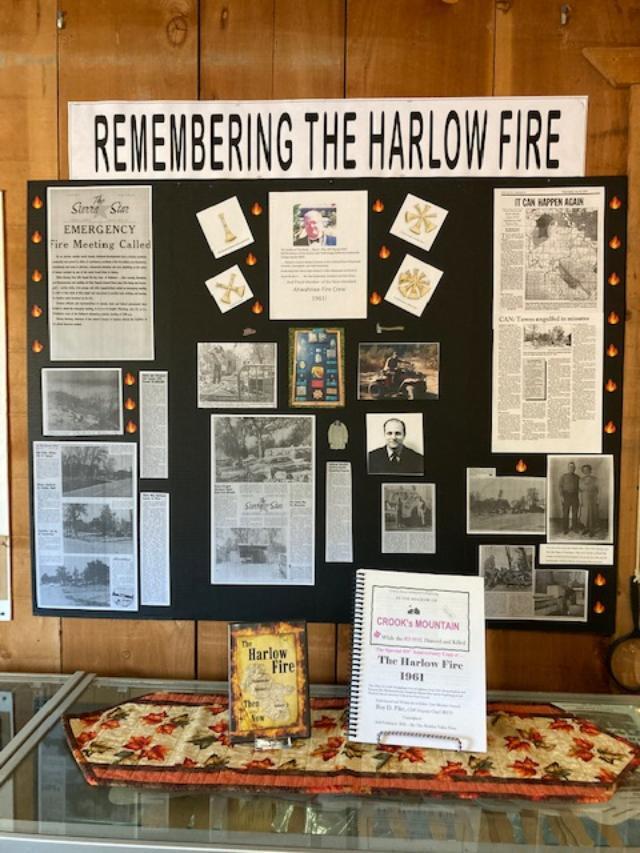 This photo captures a new display at the Museum called Remembering The Harlow Fire. It includes newspaper clippings from the Sierra Star and photographs. Also included in the photo is a book that will be sold in the Gift Shop.